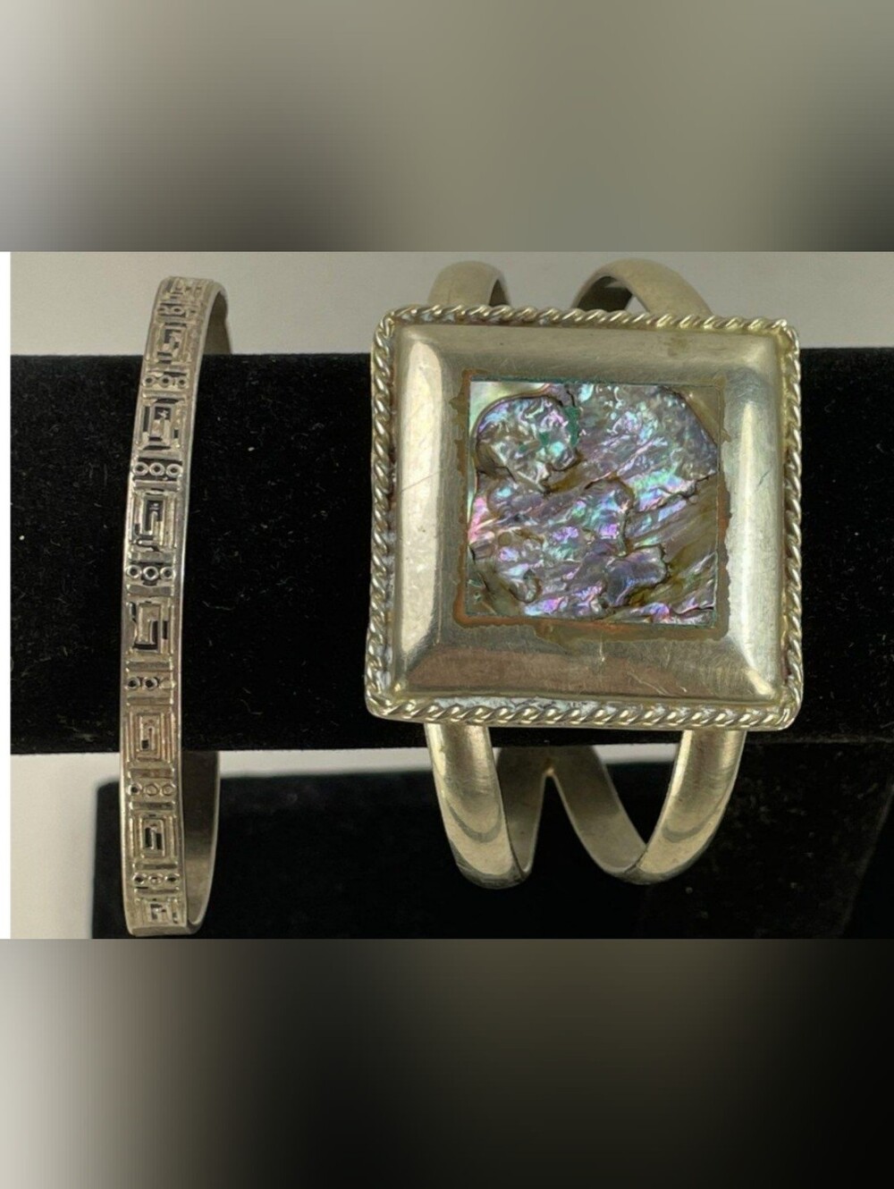 Vtg Sterling Silver Abalone Inlay Square Ring Style / Greek Key Bangle Bracelet